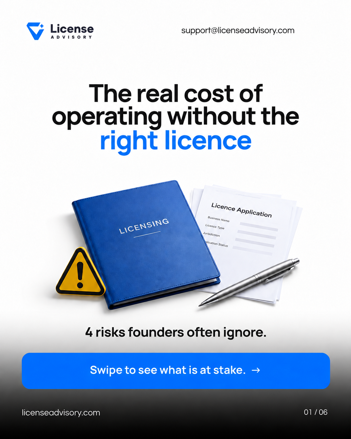 Blue licensing folder, licence application form, pen and warning triangle illustrating the cost of operating without the right licence