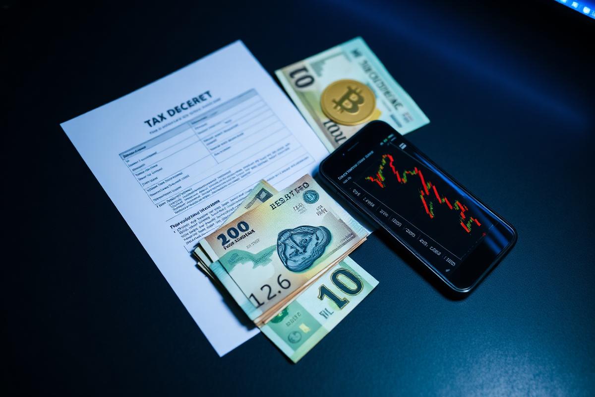 Naira notes, a tax document and a crypto price chart on a phone