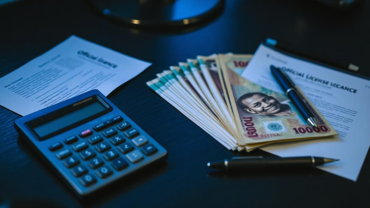 Naira notes, a calculator and official licence documents on a desk